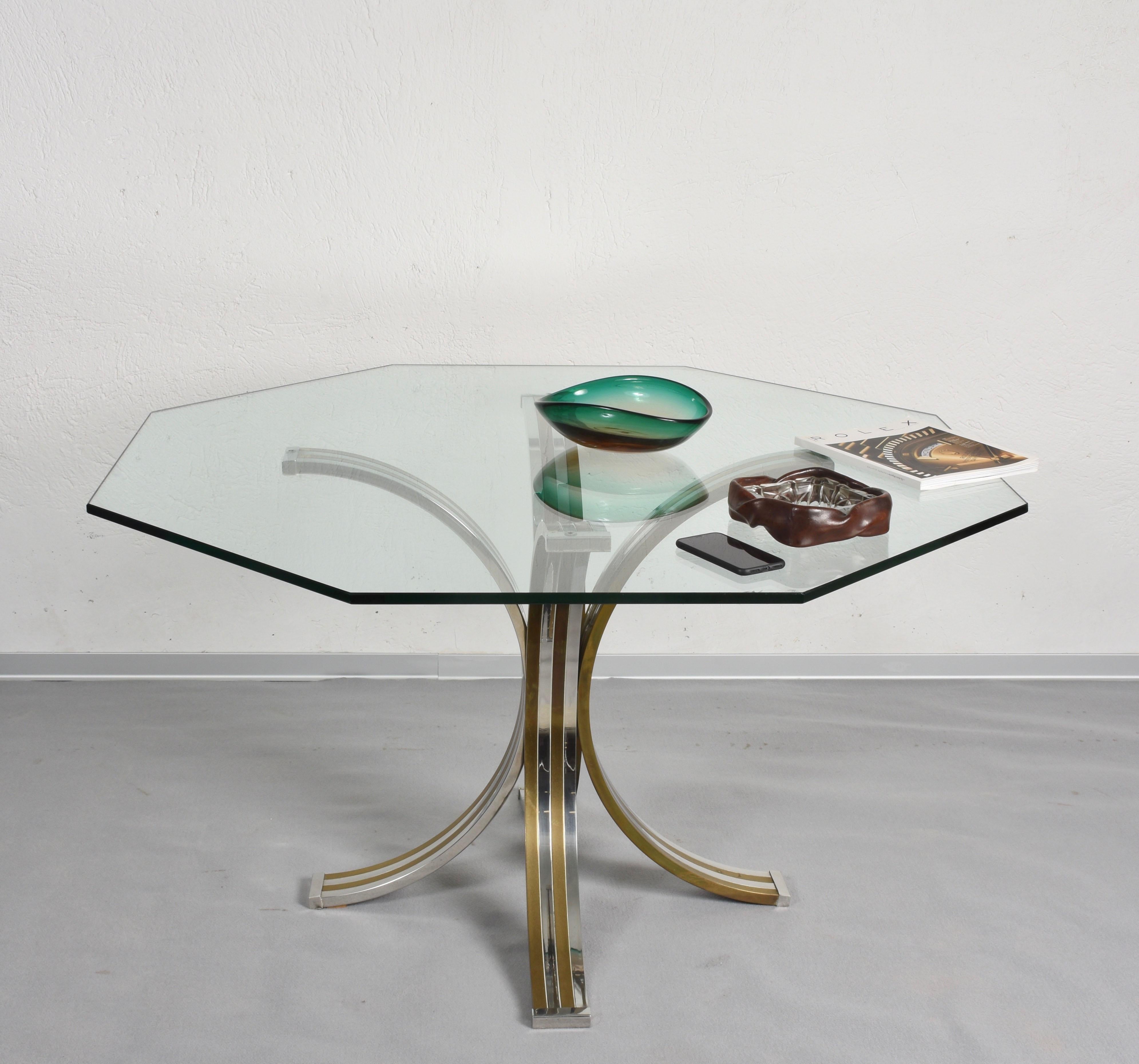 Brass and Chrome Octagonal Glass Italian Dining Table after Romeo Rega, 1970s For Sale 5