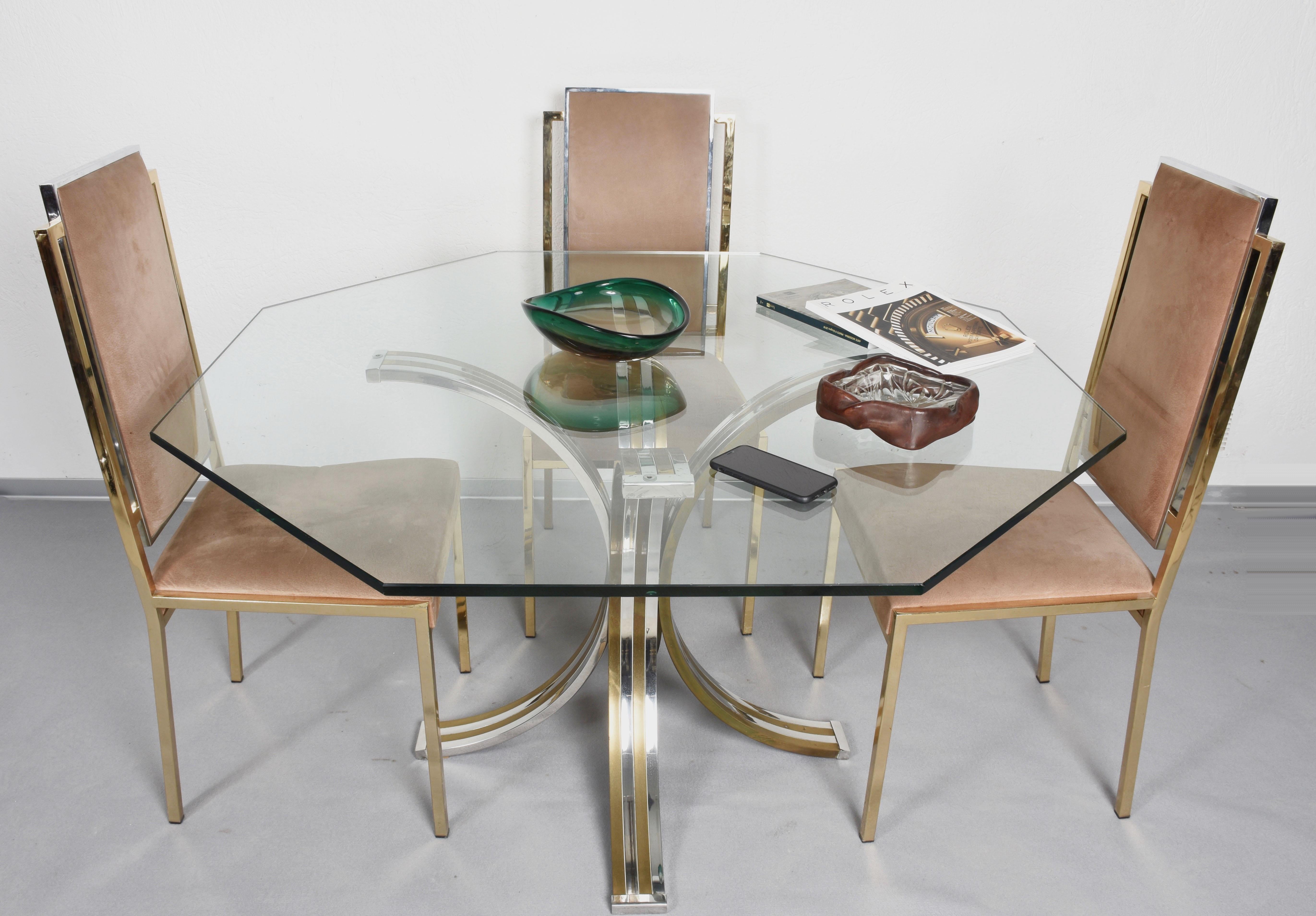 Brass and Chrome Octagonal Glass Italian Dining Table after Romeo Rega, 1970s For Sale 6