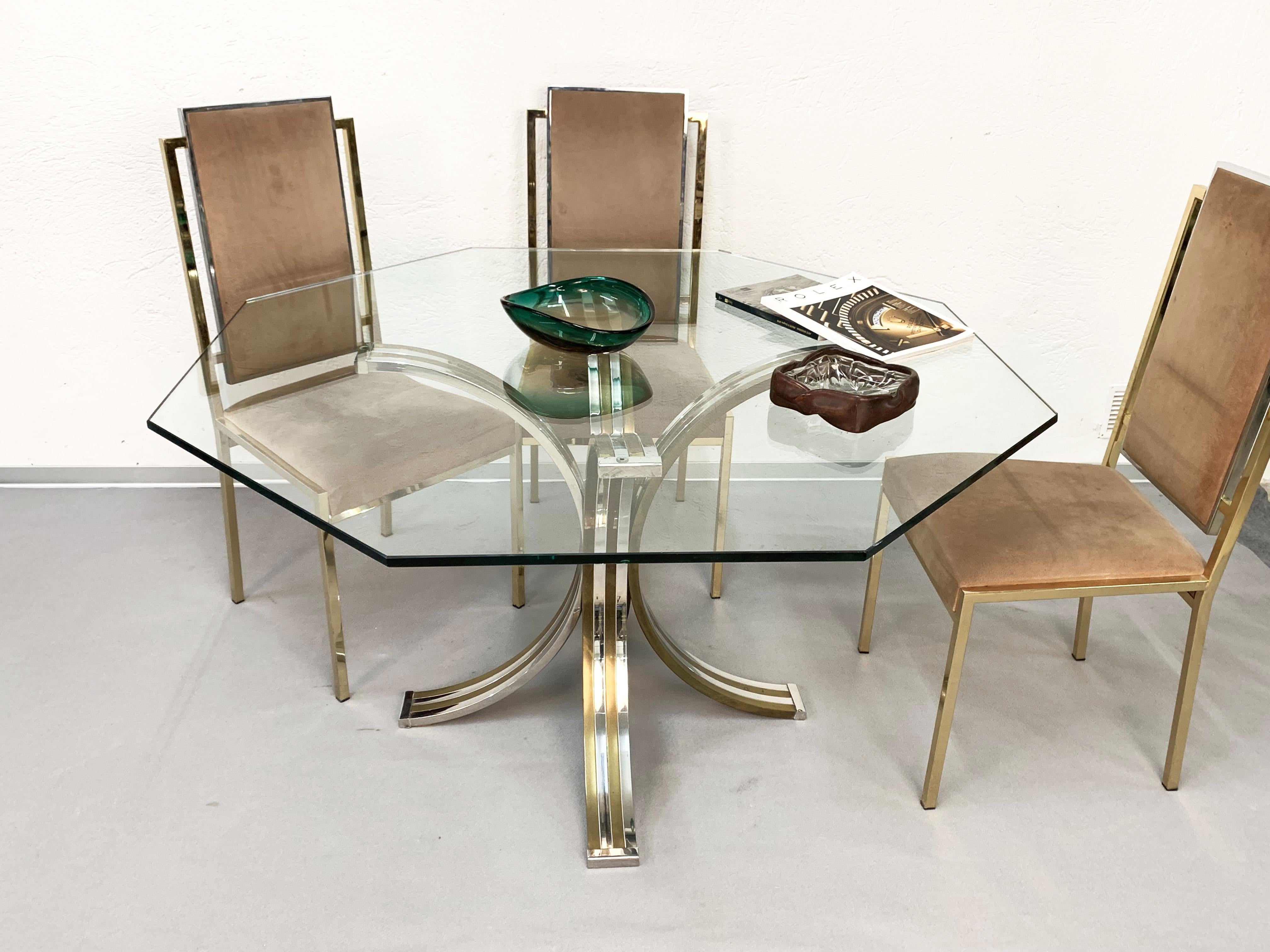 Brass and Chrome Octagonal Glass Italian Dining Table after Romeo Rega, 1970s For Sale 7
