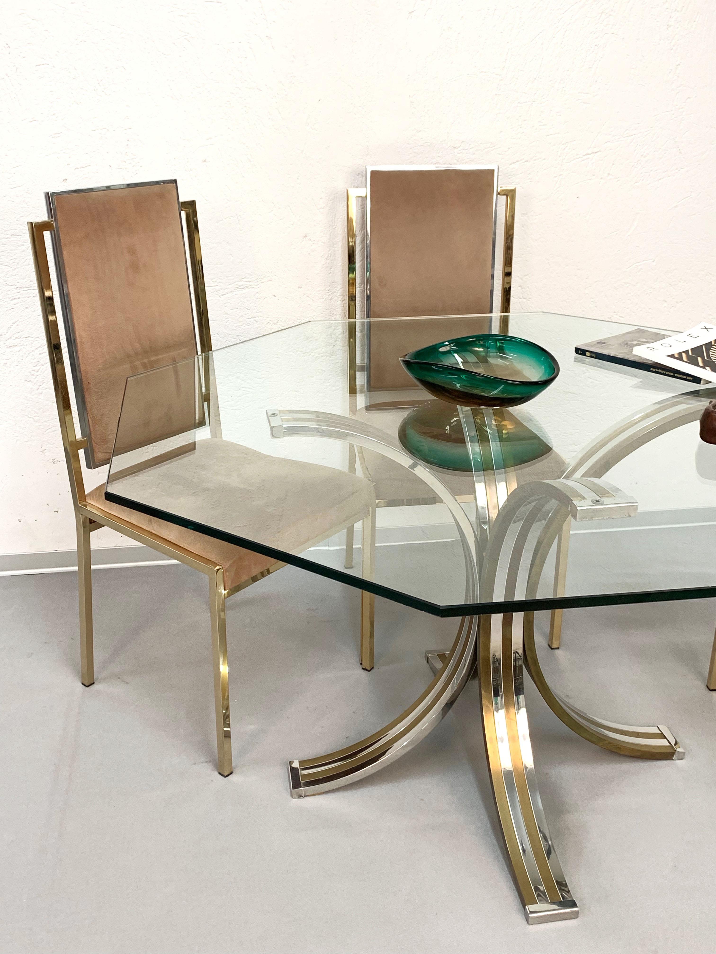 Brass and Chrome Octagonal Glass Italian Dining Table after Romeo Rega, 1970s For Sale 8