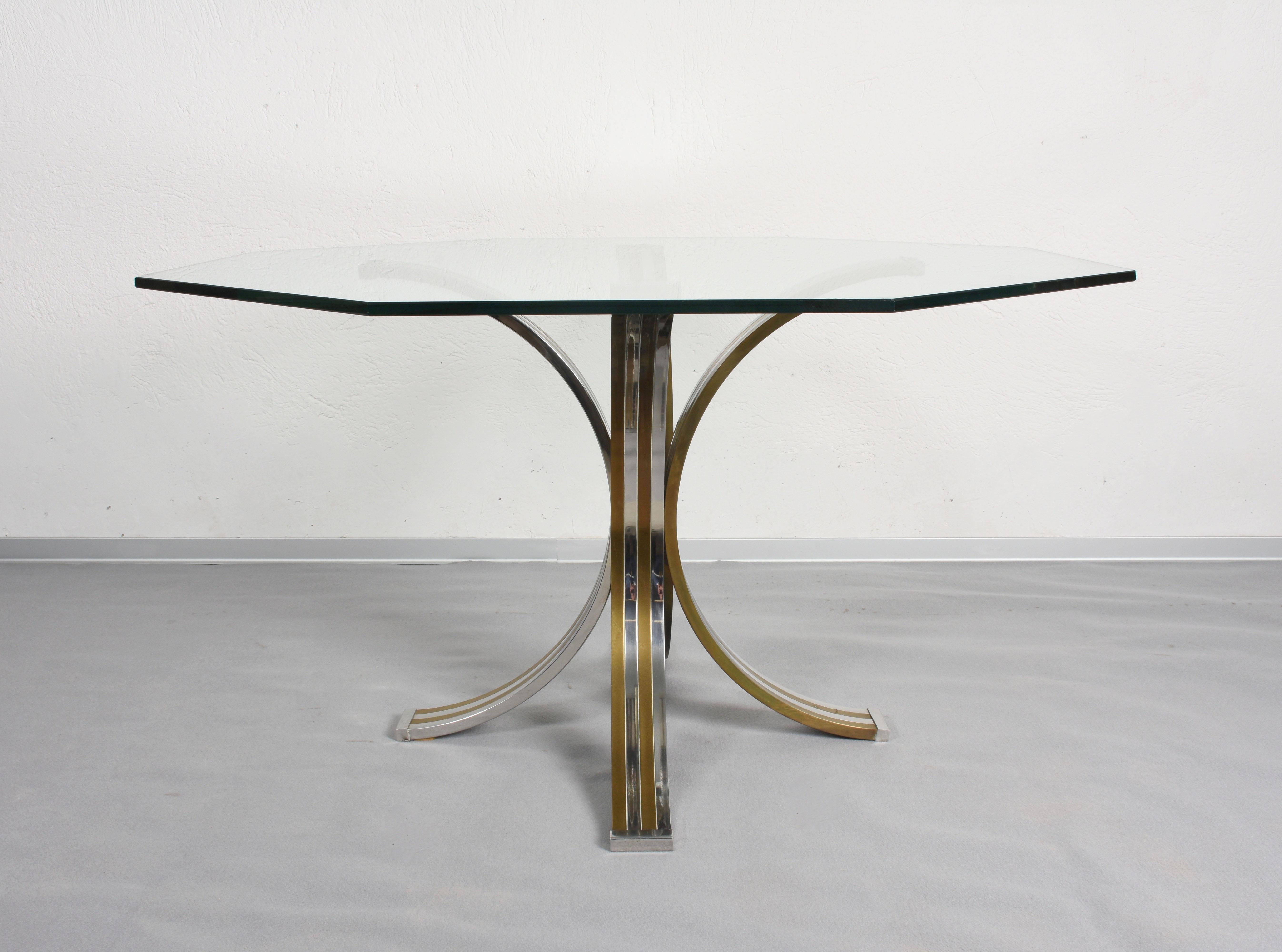Mid-Century Modern Brass and Chrome Octagonal Glass Italian Dining Table after Romeo Rega, 1970s For Sale