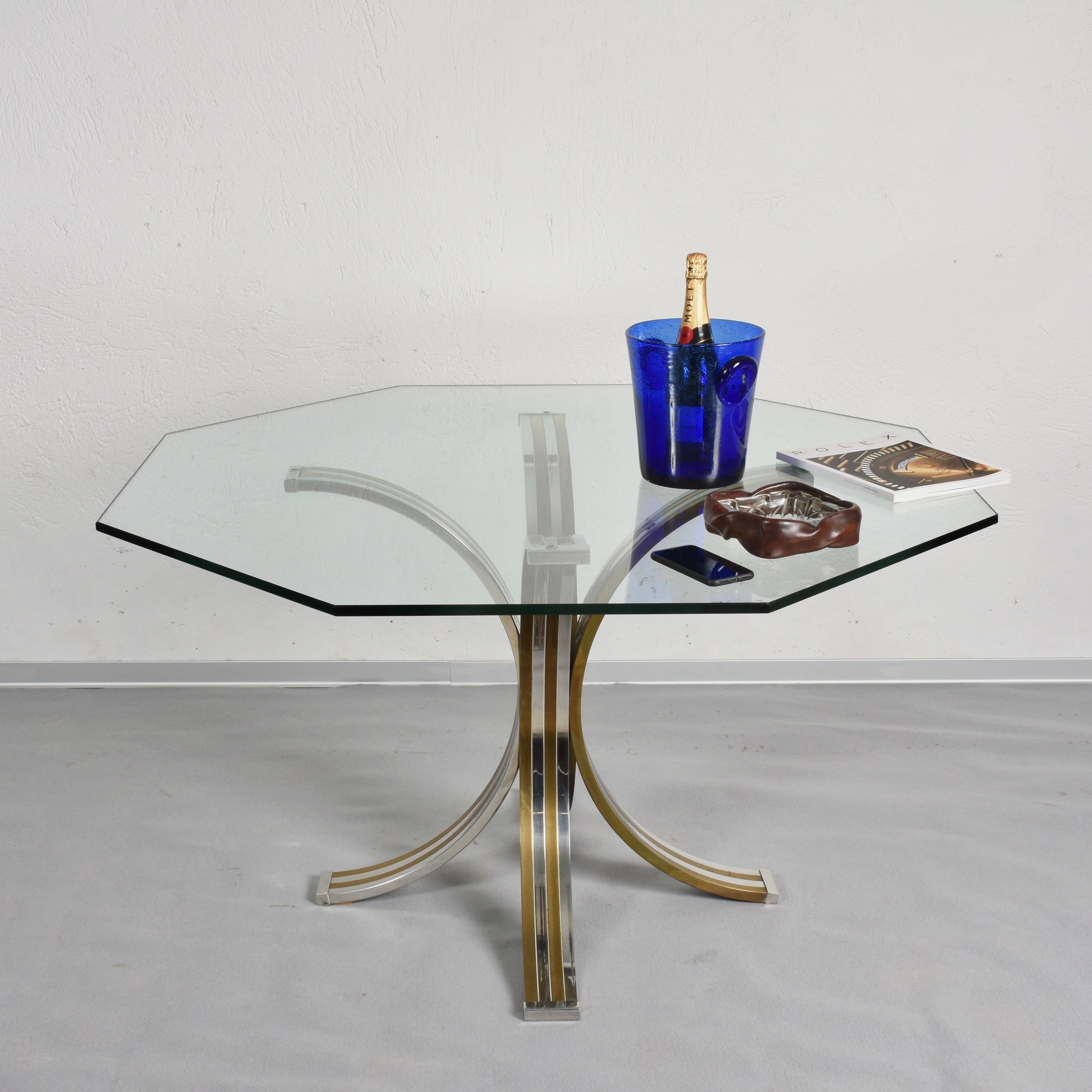 Brass and Chrome Octagonal Glass Italian Dining Table after Romeo Rega, 1970s In Good Condition For Sale In Roma, IT