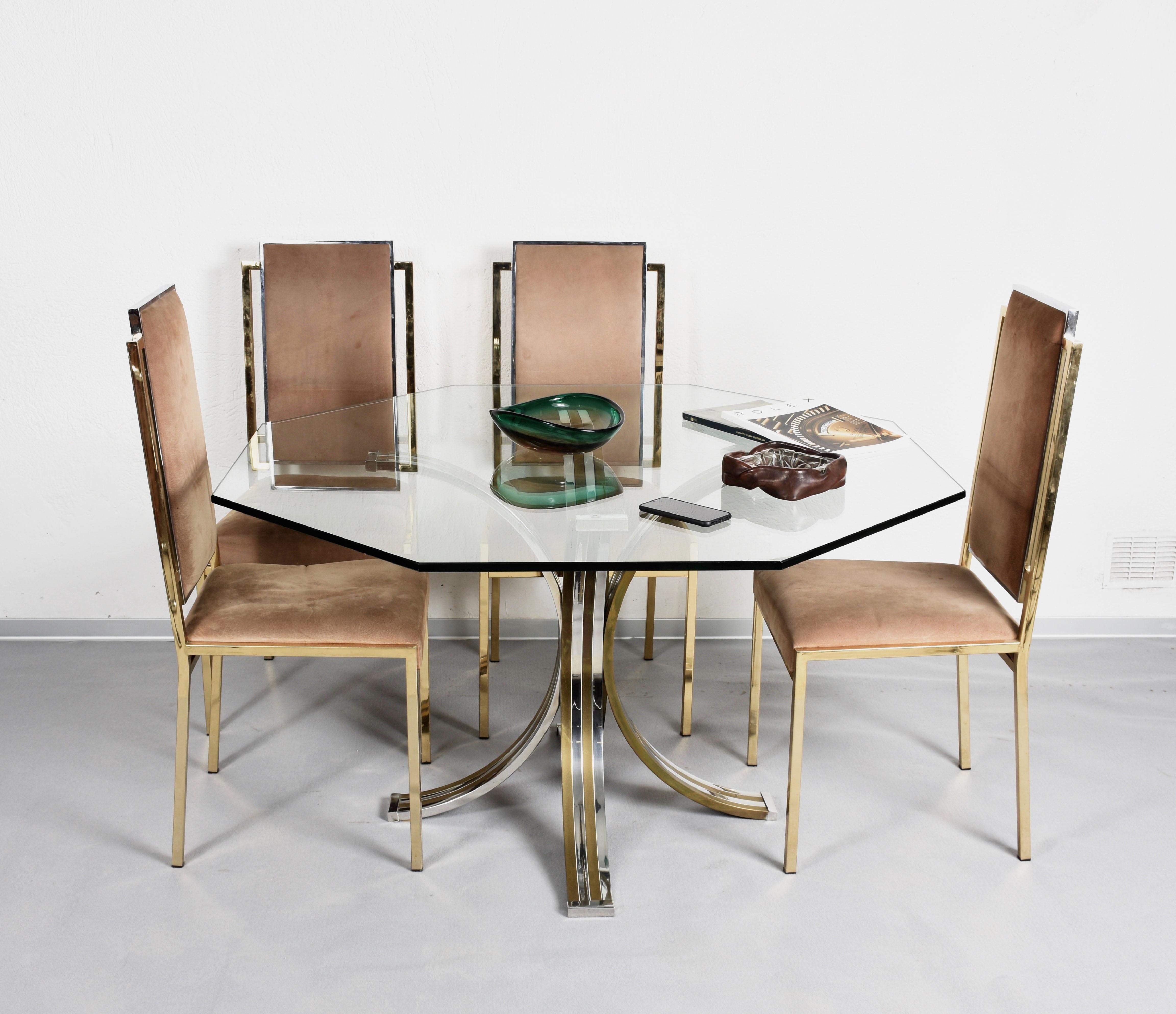 Late 20th Century Brass and Chrome Octagonal Glass Italian Dining Table after Romeo Rega, 1970s For Sale