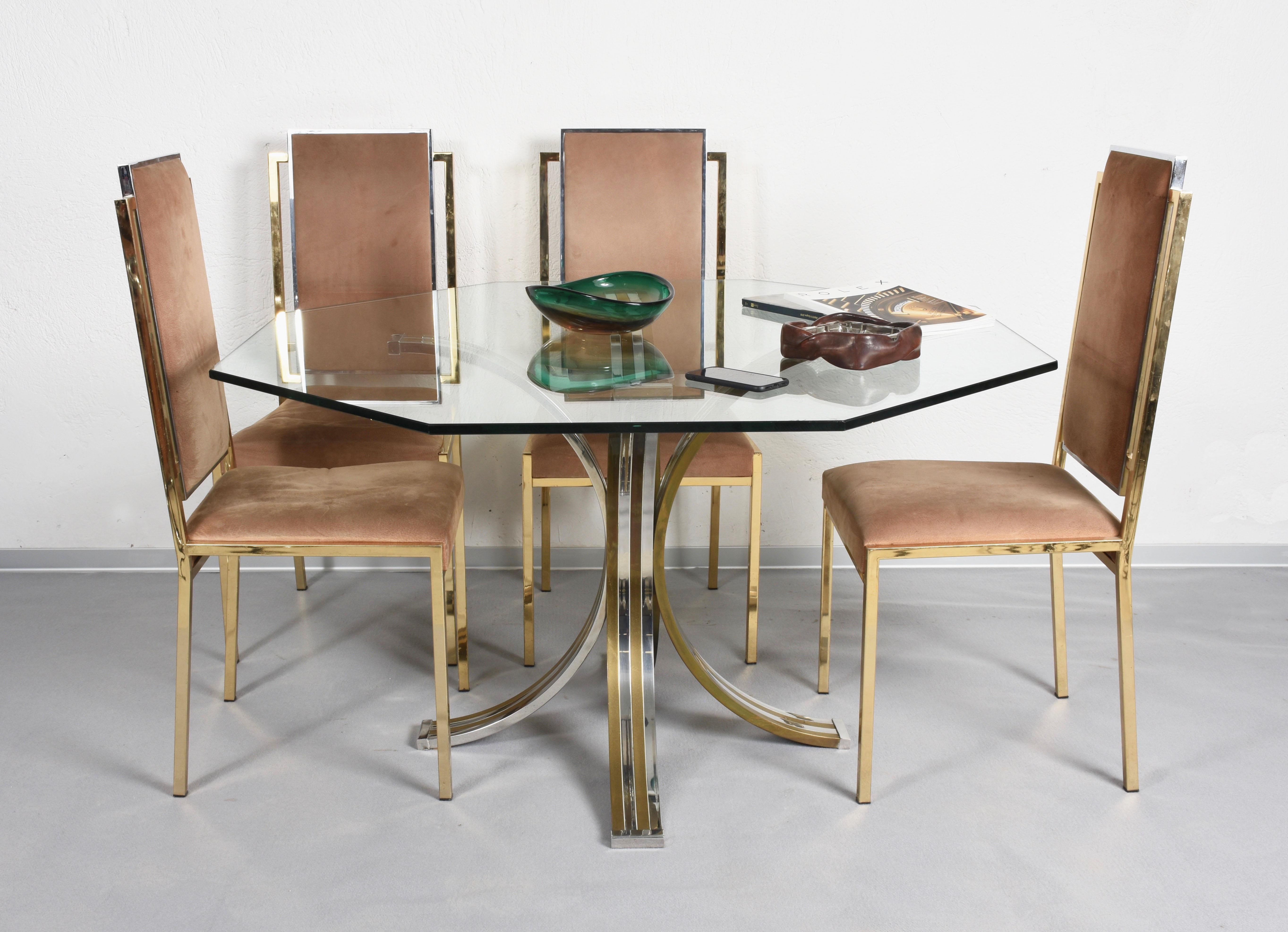 Brass and Chrome Octagonal Glass Italian Dining Table after Romeo Rega, 1970s For Sale 1