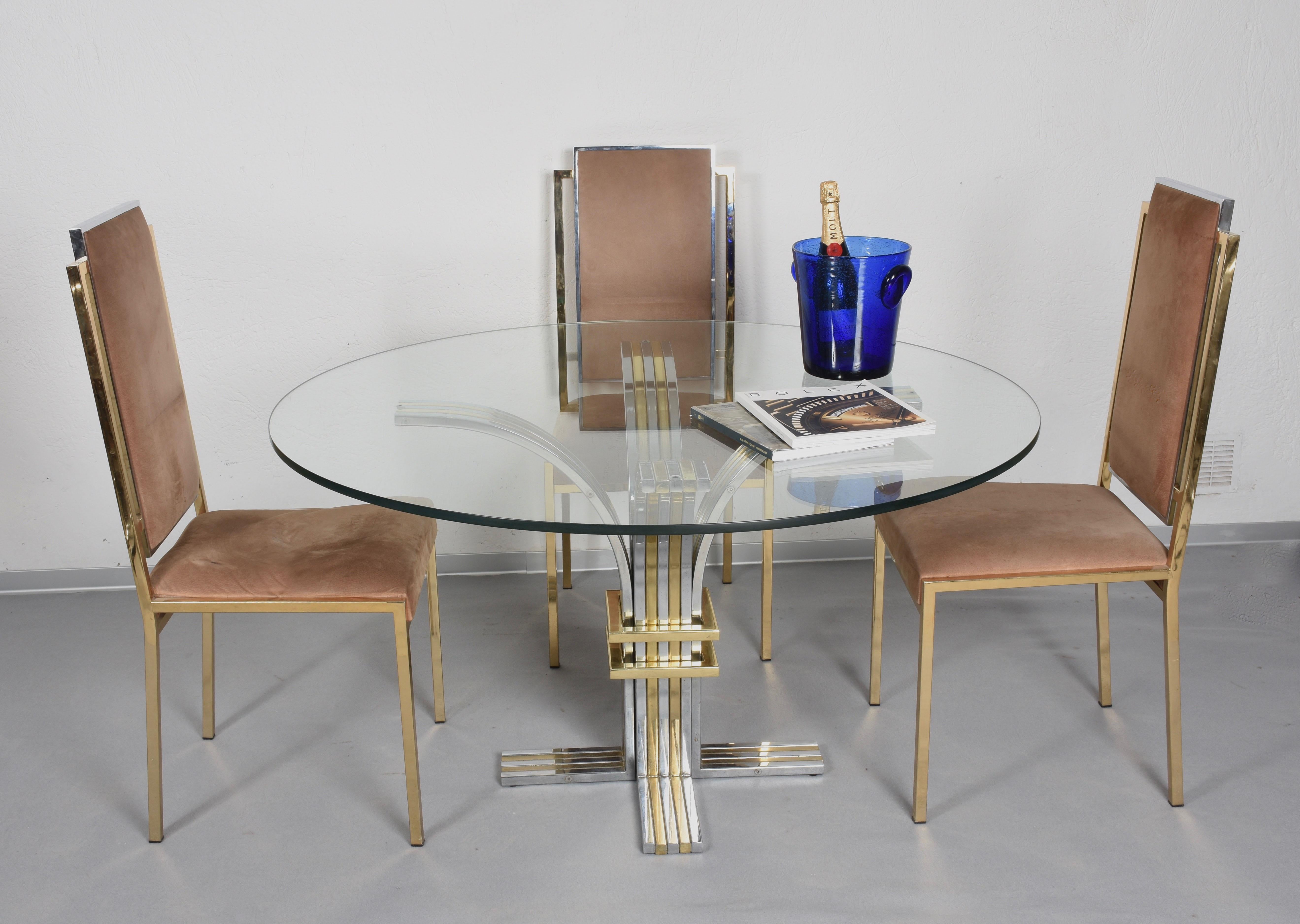 Late 20th Century Brass and Chrome Steel Round Glass Italian Dining Table by Banci Firenze 1970s