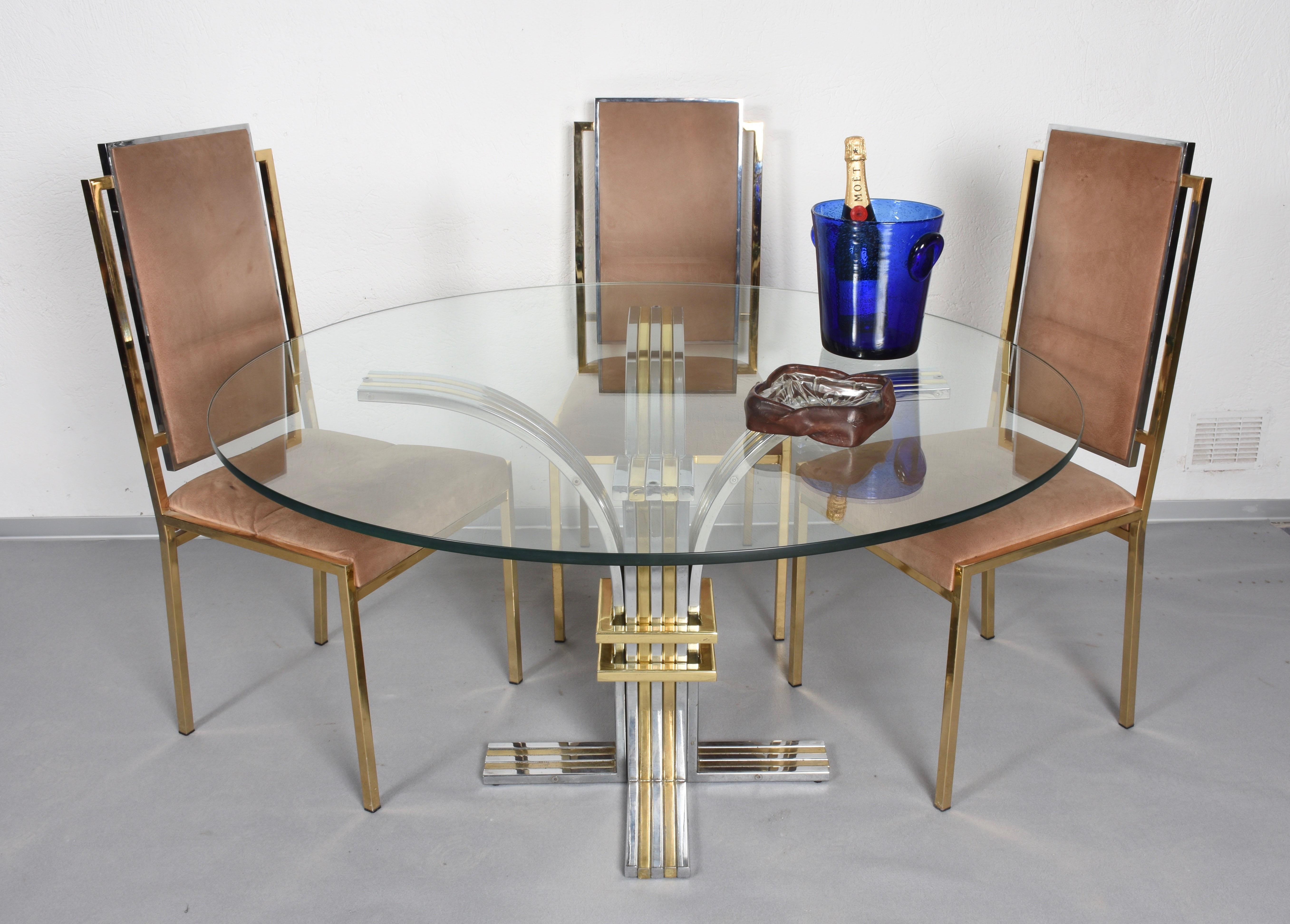 Brass and Chrome Steel Round Glass Italian Dining Table by Banci Firenze 1970s 2