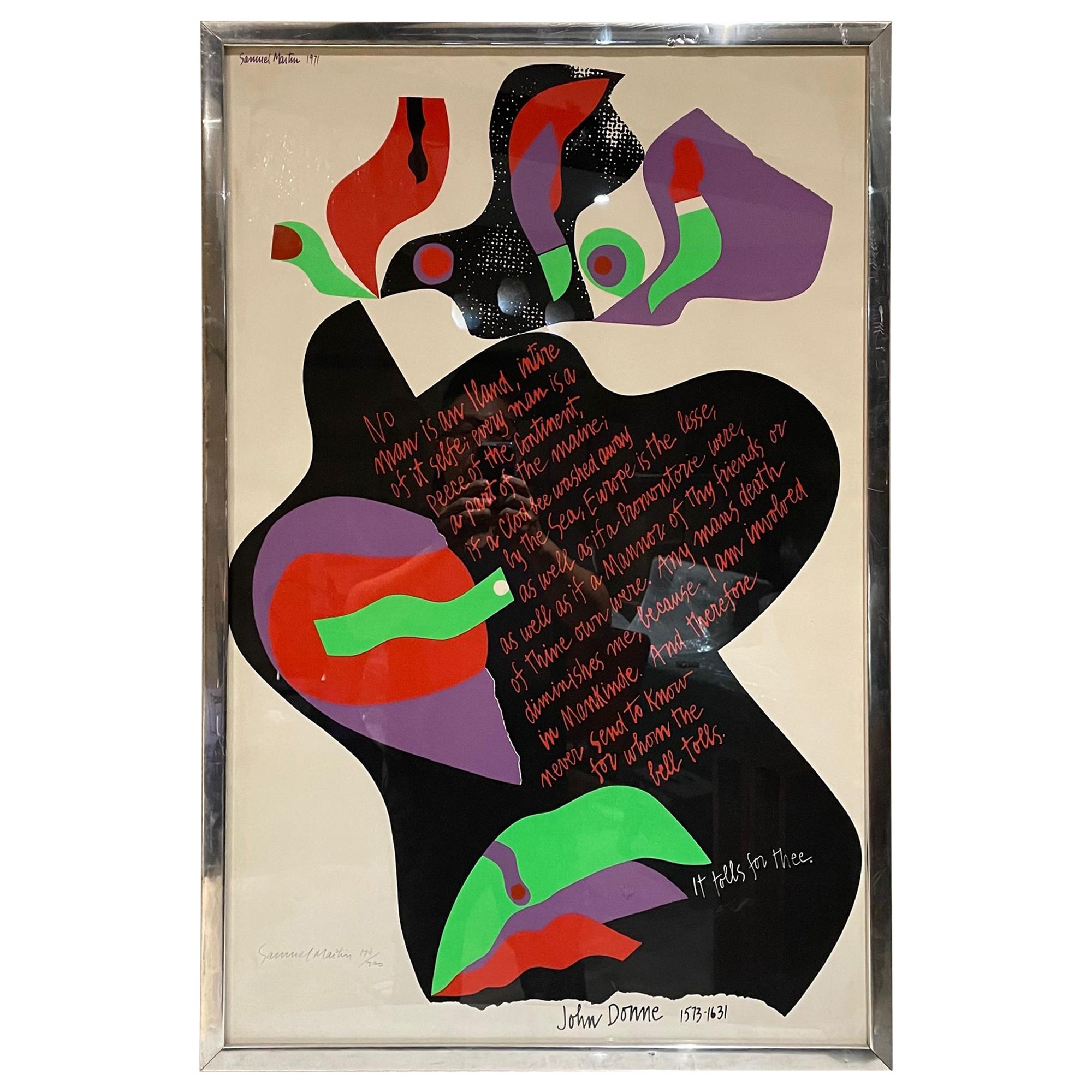 Poster „John Donne for Whom the Bell Tolls“ von Samuel Maitin aus dem Jahr 1971 in lebendiger Farbe im Angebot
