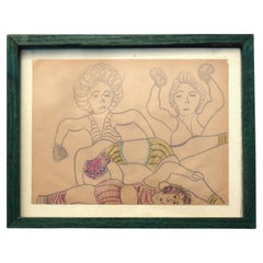 Framed Drawing of Women wresting and boxing by Outsider Artist Lewis Smith