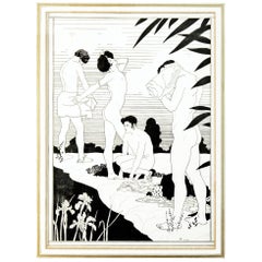 « By The River », dessin à l'encre Art déco d'origine avec des nus de Kettelwell