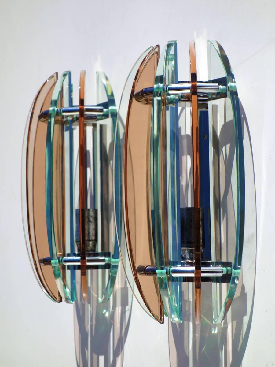 Italian sconces by Veca, 1960s
Pink and green crystal and chrome frame

Perfect working order.
   