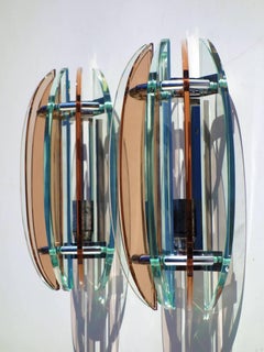By Veca Pink and Green Crystal, 1960s Italian Design Sconces Wall Lamps