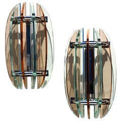 By Veca Pink and Green Crystal, 1960s Italian Design Sconces Wall Lamps