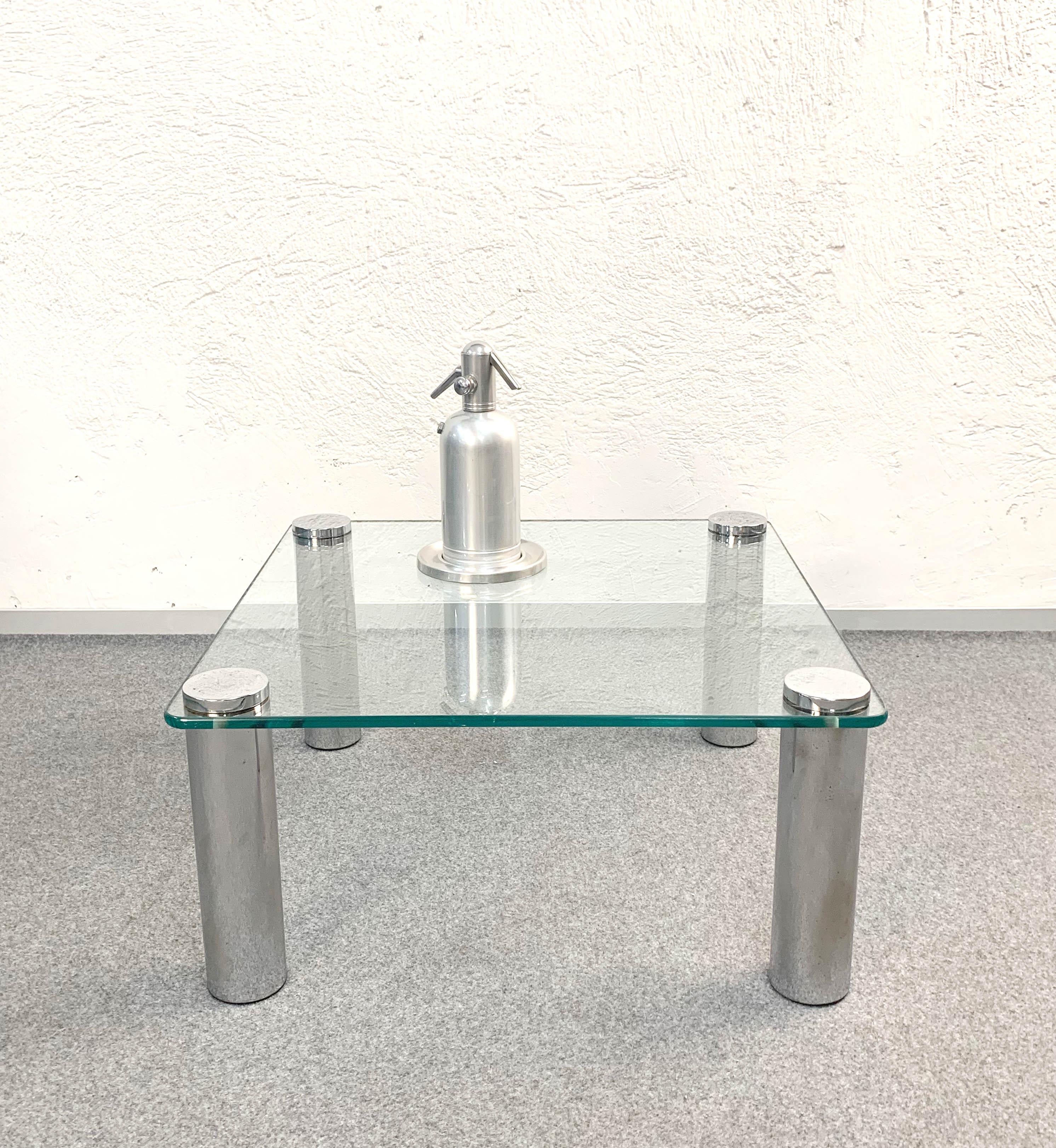 Mid-Century Modern Square Glass and Chrome Coffee Table by Zanuso for Zanotta, Italy, 1960s For Sale
