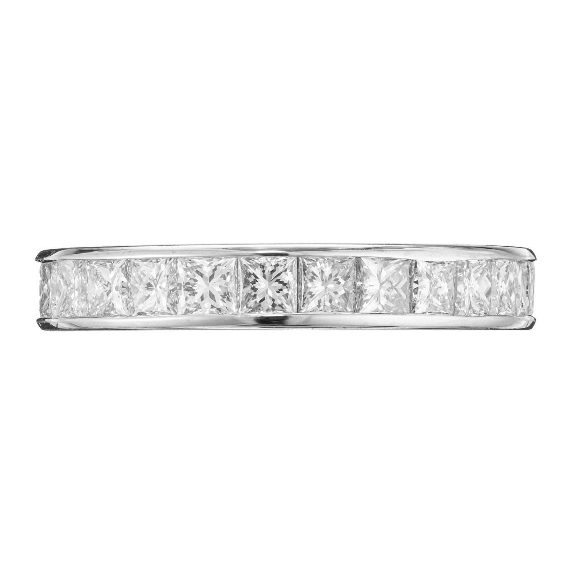 Classic solid Platinum Princess cut Diamond Eternity ring from Byard F. Brogan. 22 Princess cut diamonds totaling 2.40cts. channel set in a platinum eternity band. The diamonds have great brilliance. Not sizable but can be ordered in any size. 