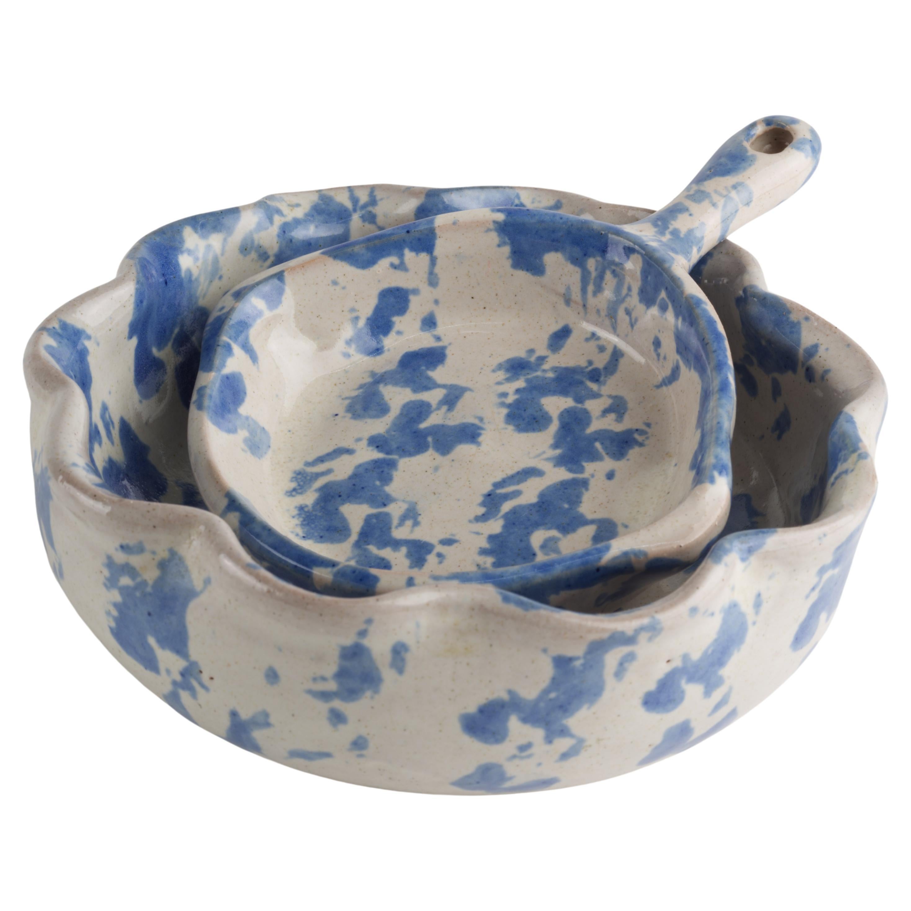 Bybee Pottery Set of 2 Bowls, Blue Spongeware Kentucky Art Pottery For Sale