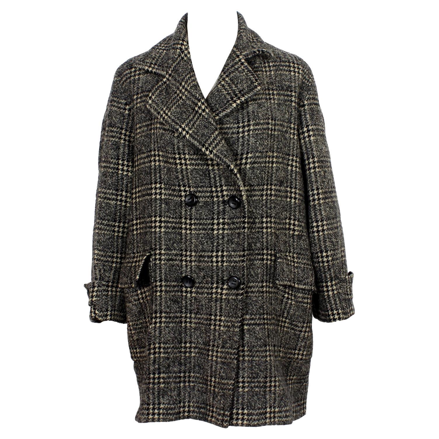 Byblos Black White Cashmere Wool Check Oversize Vintage Coat 1990s