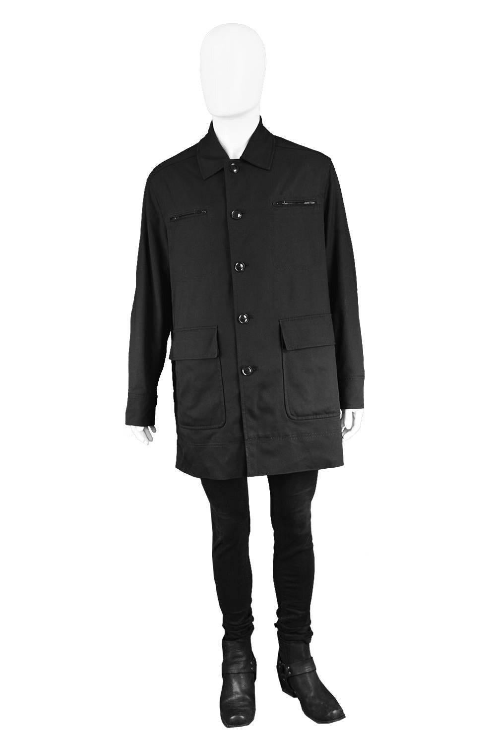 Byblos for Harrods Men's Black Classic Vintage Top Coat, 1990s

Size: Marked 50 which is roughly a men's Medium to Large and would suit a taller man as the sleeves are a little long, so check sleeve measurement. 
Chest - 48” / 122cm (has a loose,