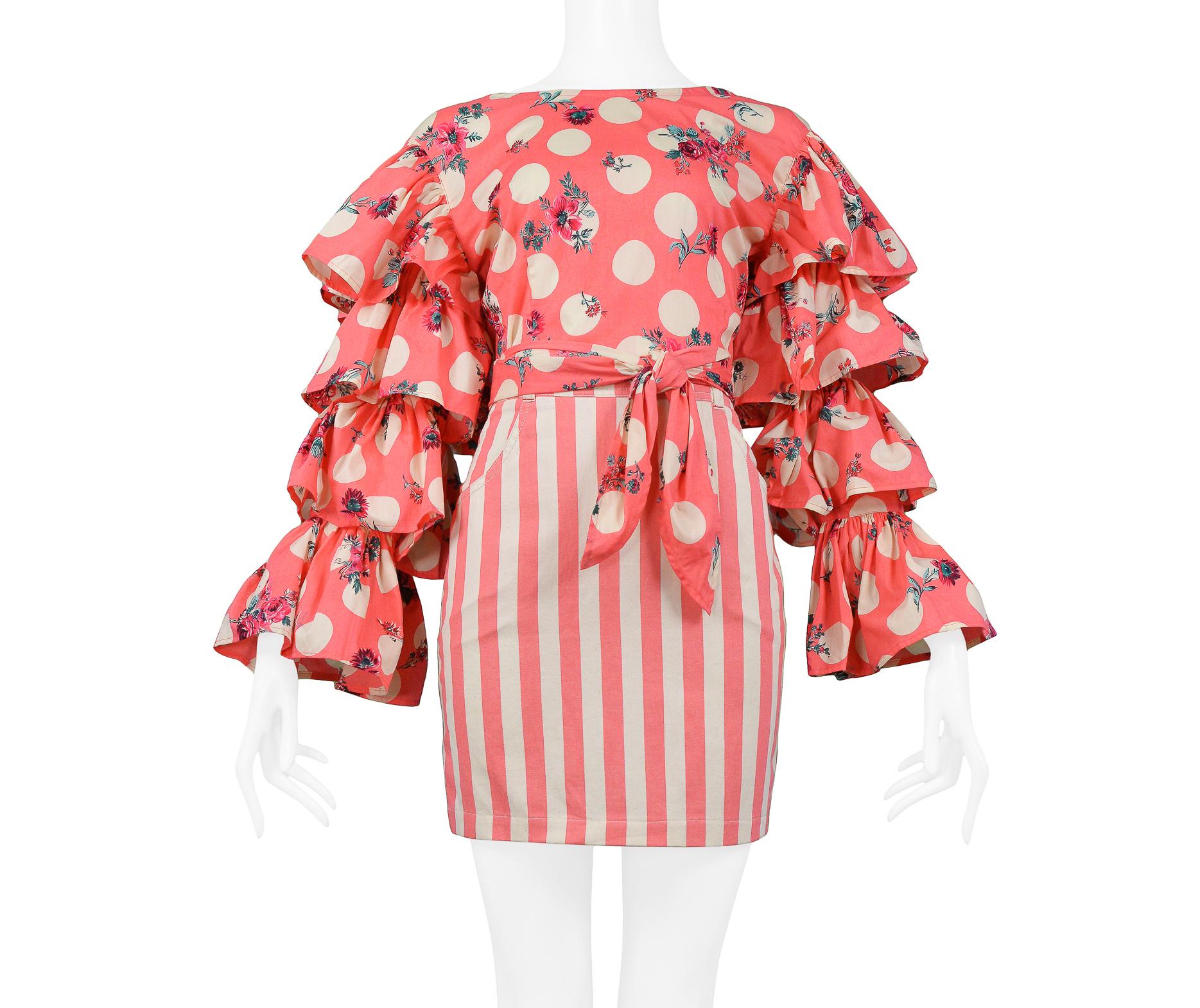 Byblos Hot Pink Floral Dot & Stripe Ensemble 1989 In Excellent Condition For Sale In Los Angeles, CA