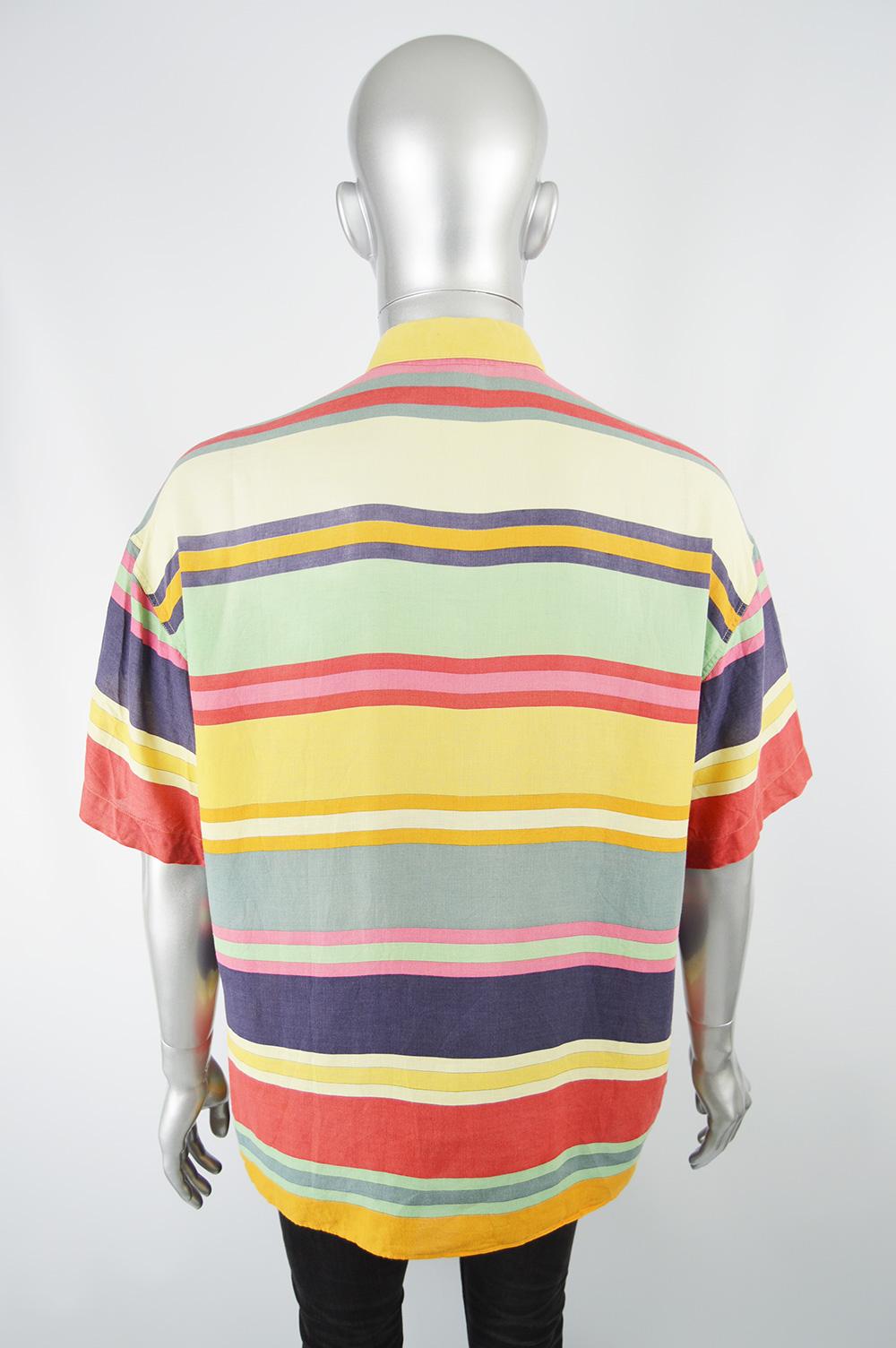 Beige Byblos Men's 1980s Vintage Striped Linen Short Sleeve Button up Summer Shirt