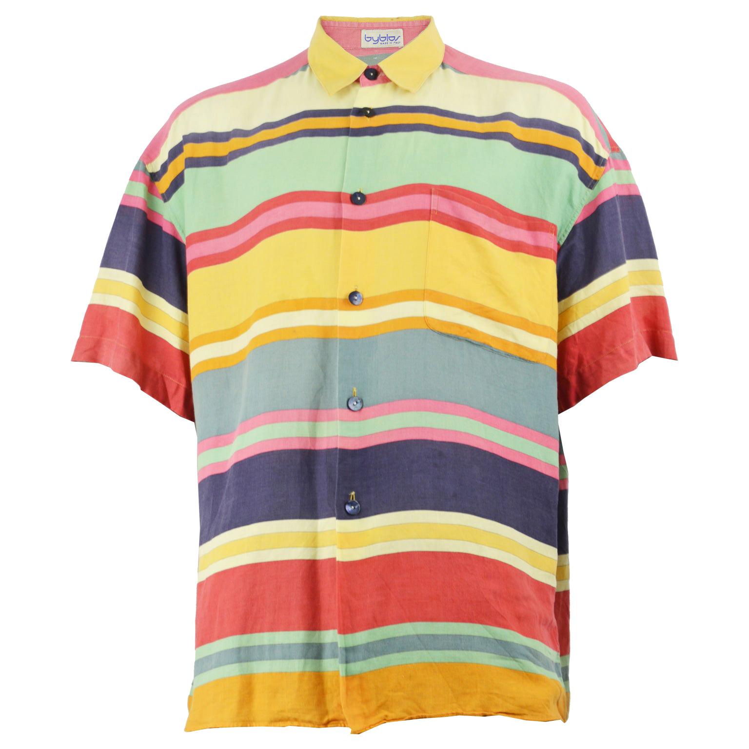 Byblos Men's 1980s Vintage Striped Linen Short Sleeve Button up Summer Shirt