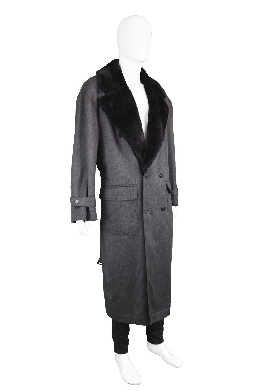 Byblos Men's Vintage Fine Grey Wool Overcoat with Black Faux Fur Collar, 1990s  In Excellent Condition In Doncaster, South Yorkshire