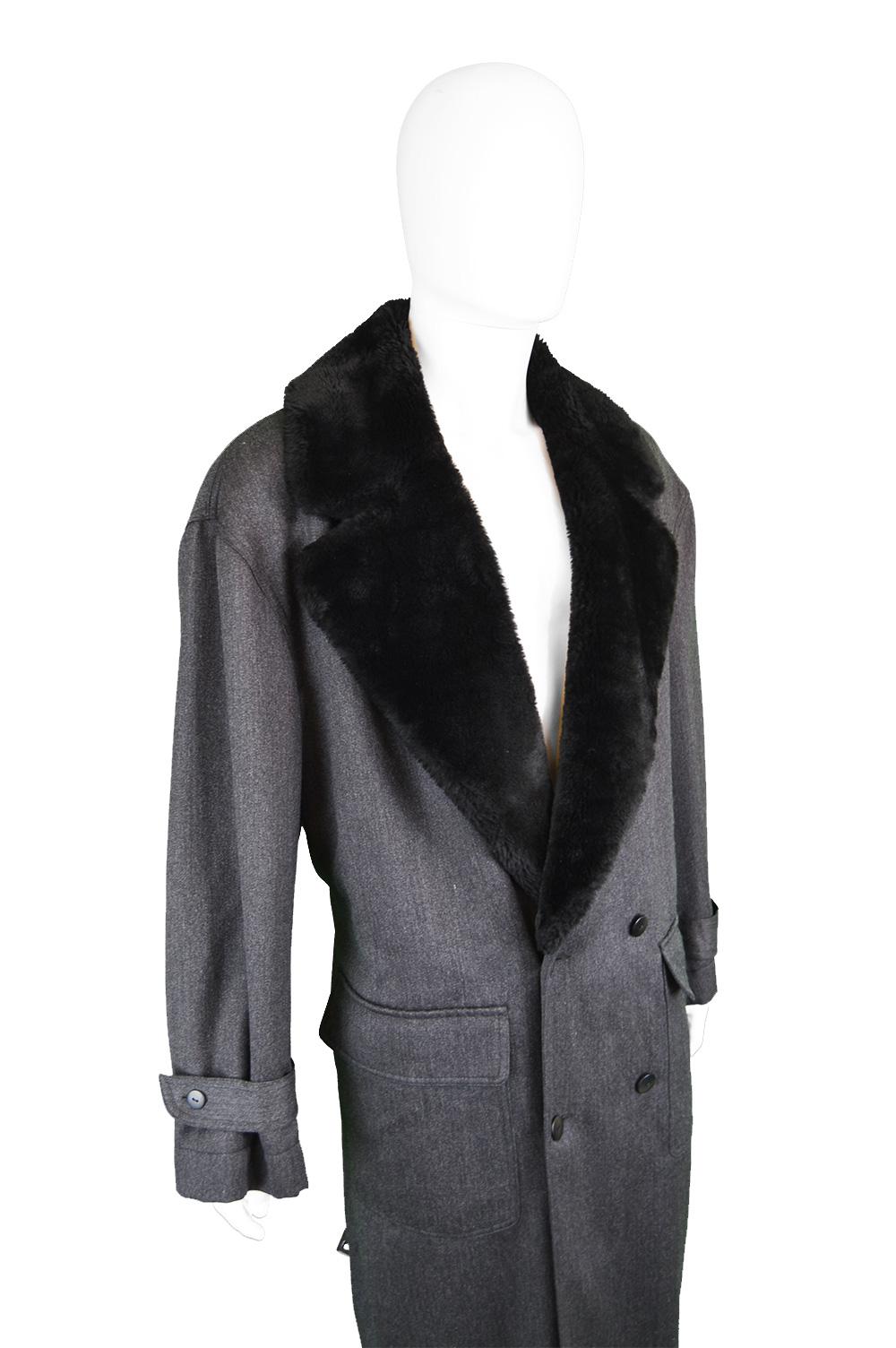 Byblos Men's Vintage Fine Grey Wool Overcoat with Black Faux Fur Collar, 1990s  1