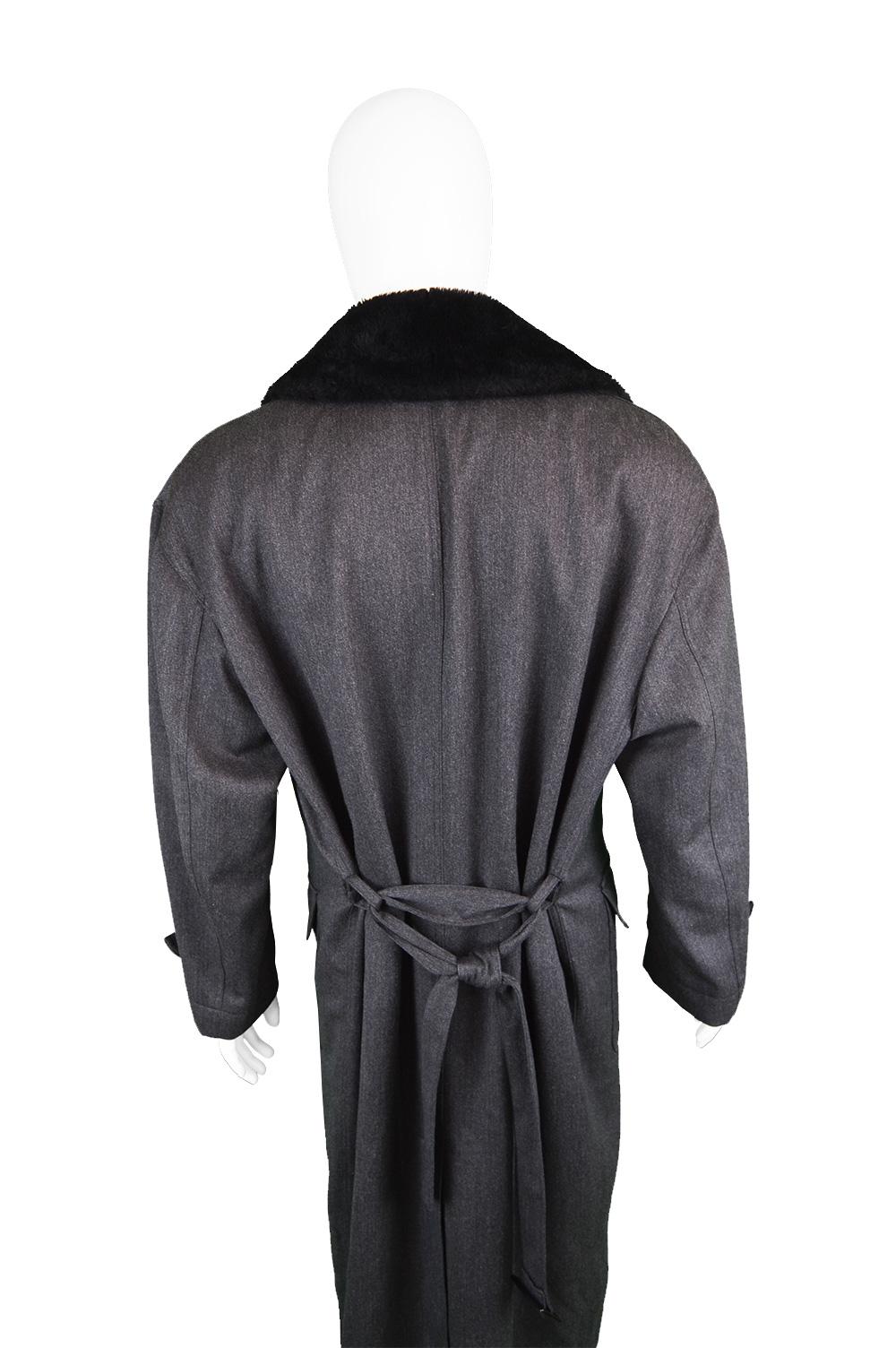 Byblos Men's Vintage Fine Grey Wool Overcoat with Black Faux Fur Collar, 1990s  2