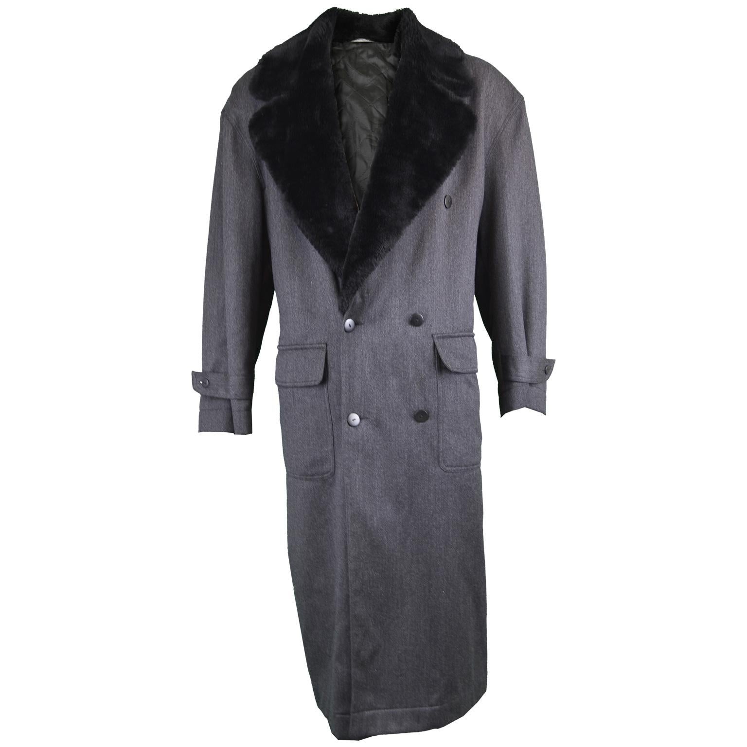 Byblos Men's Vintage Fine Grey Wool Overcoat with Black Faux Fur Collar, 1990s 