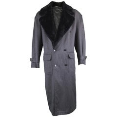 Byblos Men's Vintage Fine Grey Wool Overcoat with Black Faux Fur Collar, 1990s