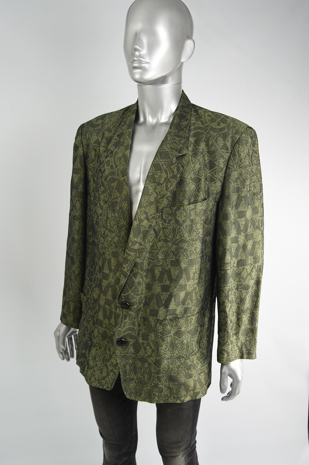 Black Byblos Men's Vintage Geometric Patterned Linen Shoulder Padded Blazer, 1980s