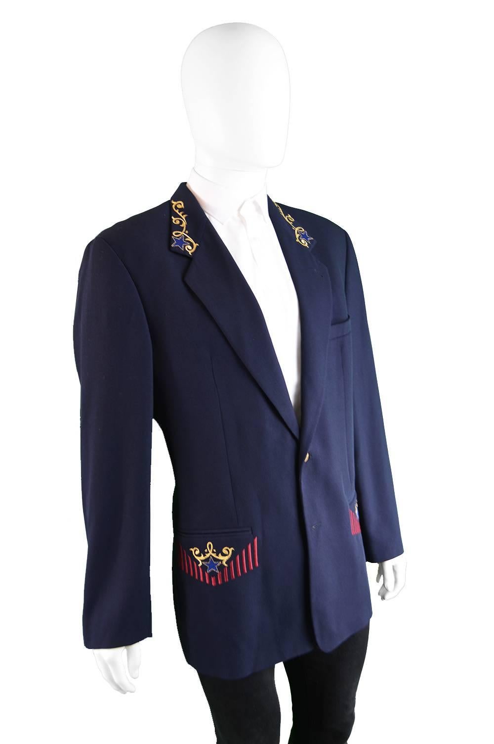 Byblos Men's Vintage Navy Blue Embroidered Wool Blazer Jacket, 1980s 1