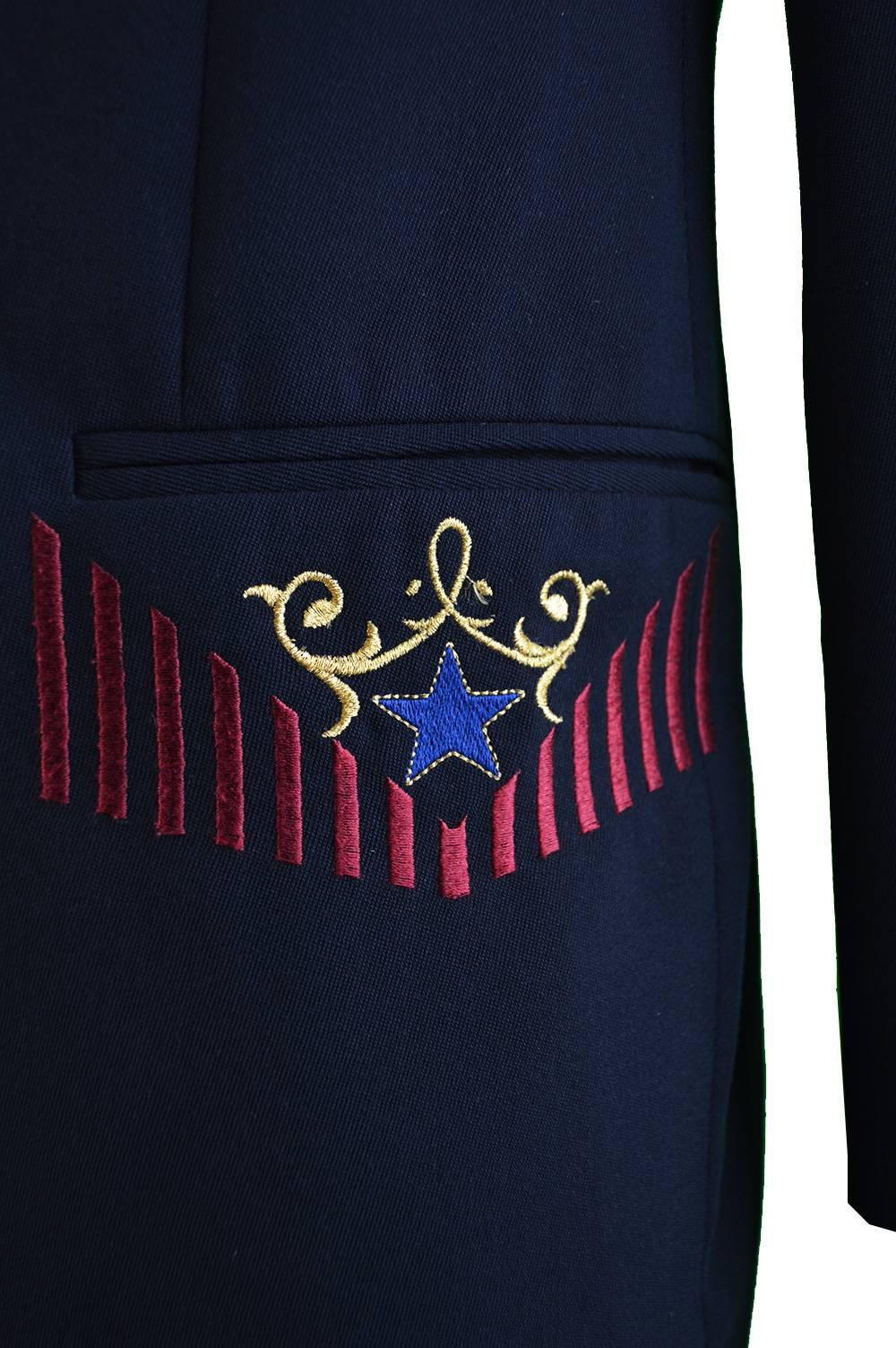 Byblos Men's Vintage Navy Blue Embroidered Wool Blazer Jacket, 1980s 2