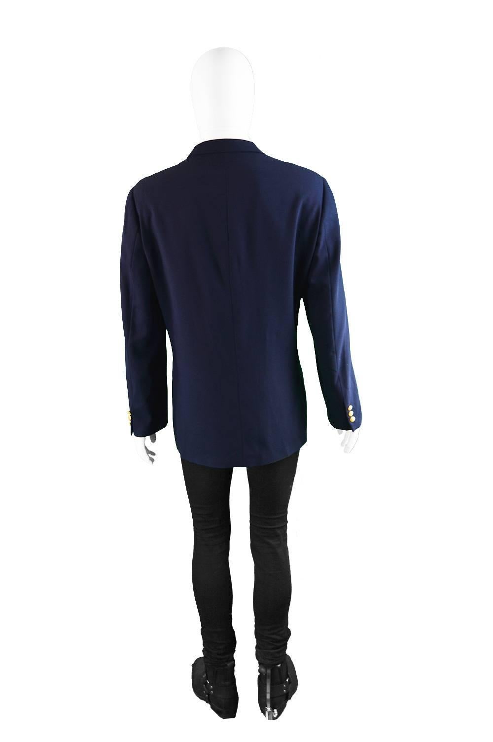 Byblos Men's Vintage Navy Blue Embroidered Wool Blazer Jacket, 1980s 3