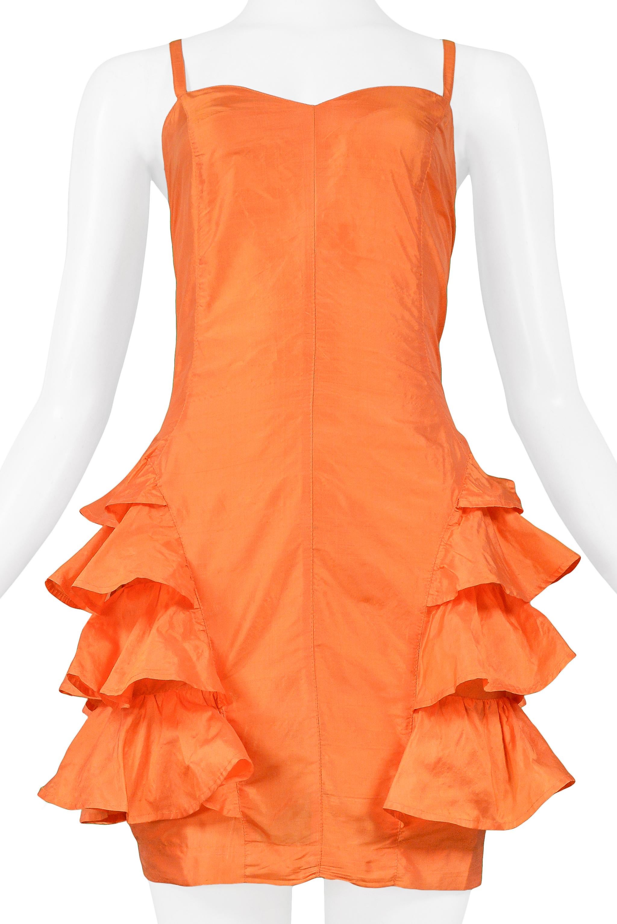 Byblos Orange Silk Ruffle Dress 1992 In Excellent Condition For Sale In Los Angeles, CA