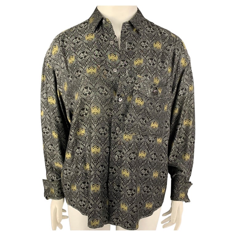 BYBLOS Size 14 Grey Black Print Spread Collar Shirt For Sale at 1stDibs
