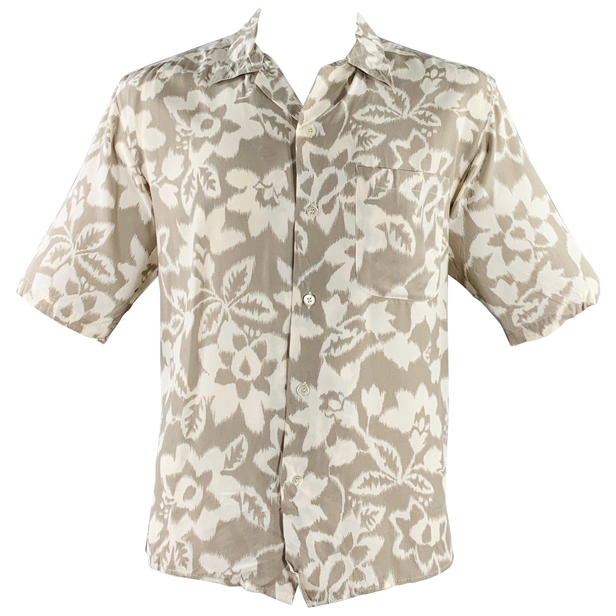 BYBLOS Talla 46 Tan Cream Floral Camisa de manga corta de un bolsillo
