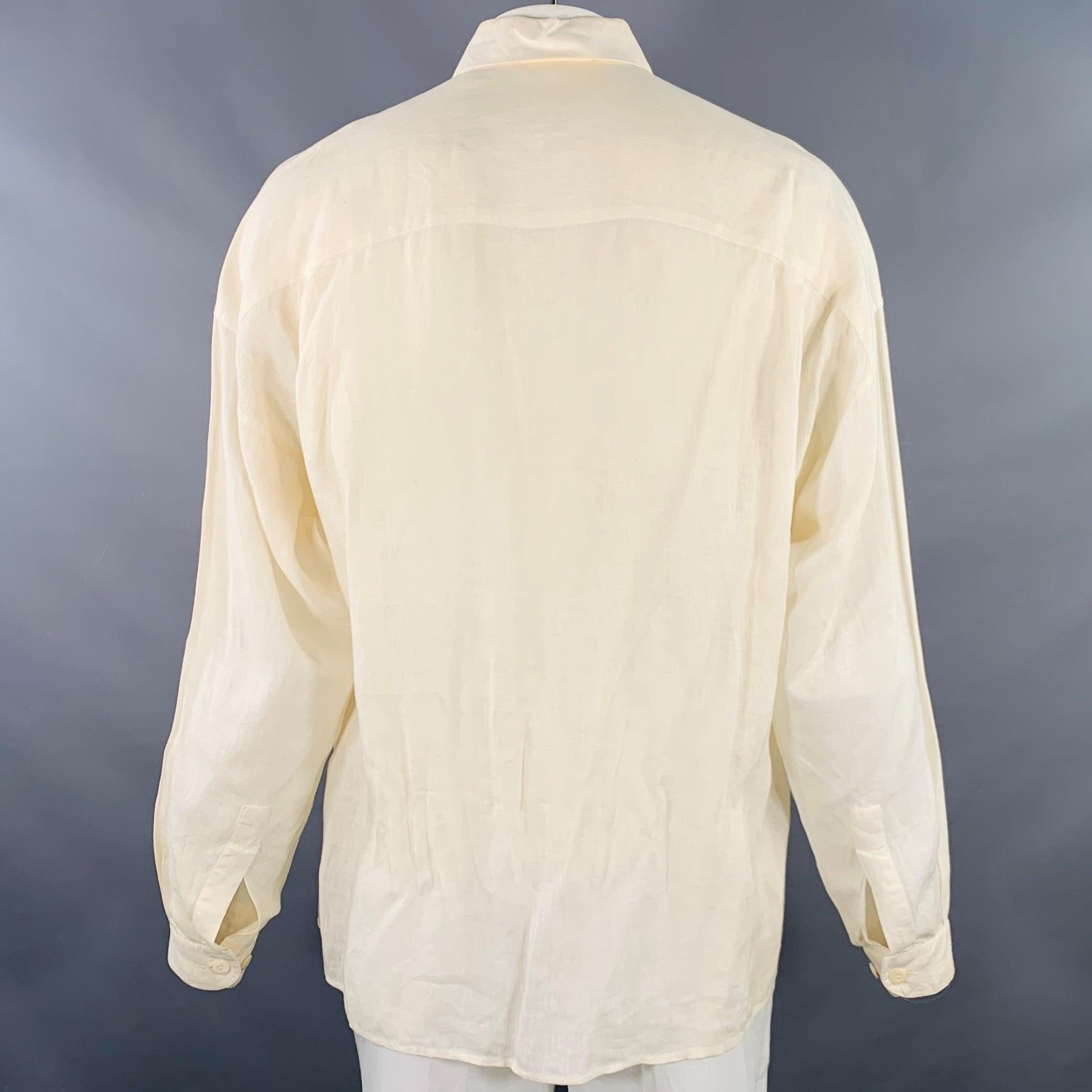 Men's BYBLOS Size L Cream Gold Embroidery Linen One Pocket Long Sleeve Shirt For Sale