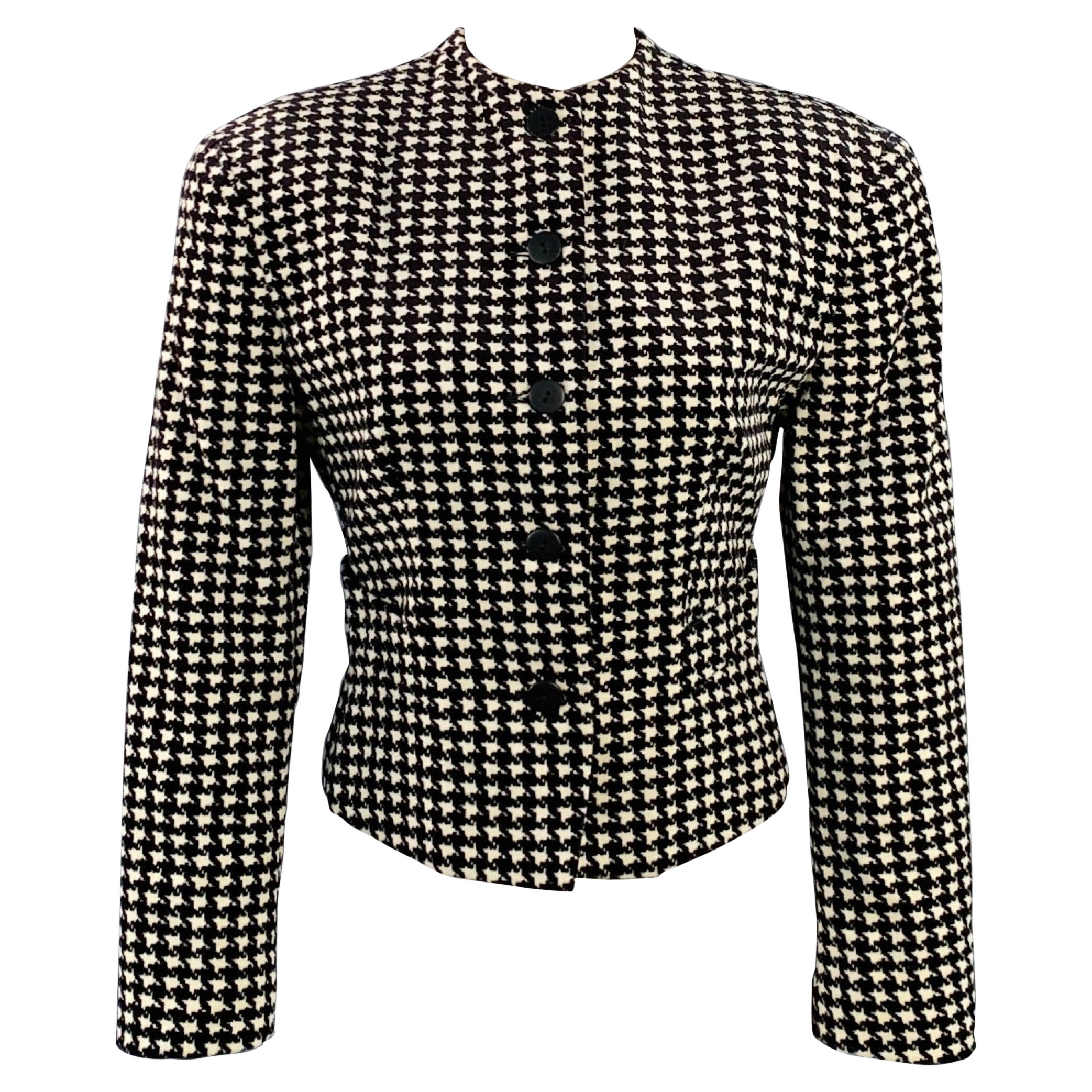BYBLOS Size S Black White Cotton Velvet Houndstooth Collarless Cropped Blazer For Sale