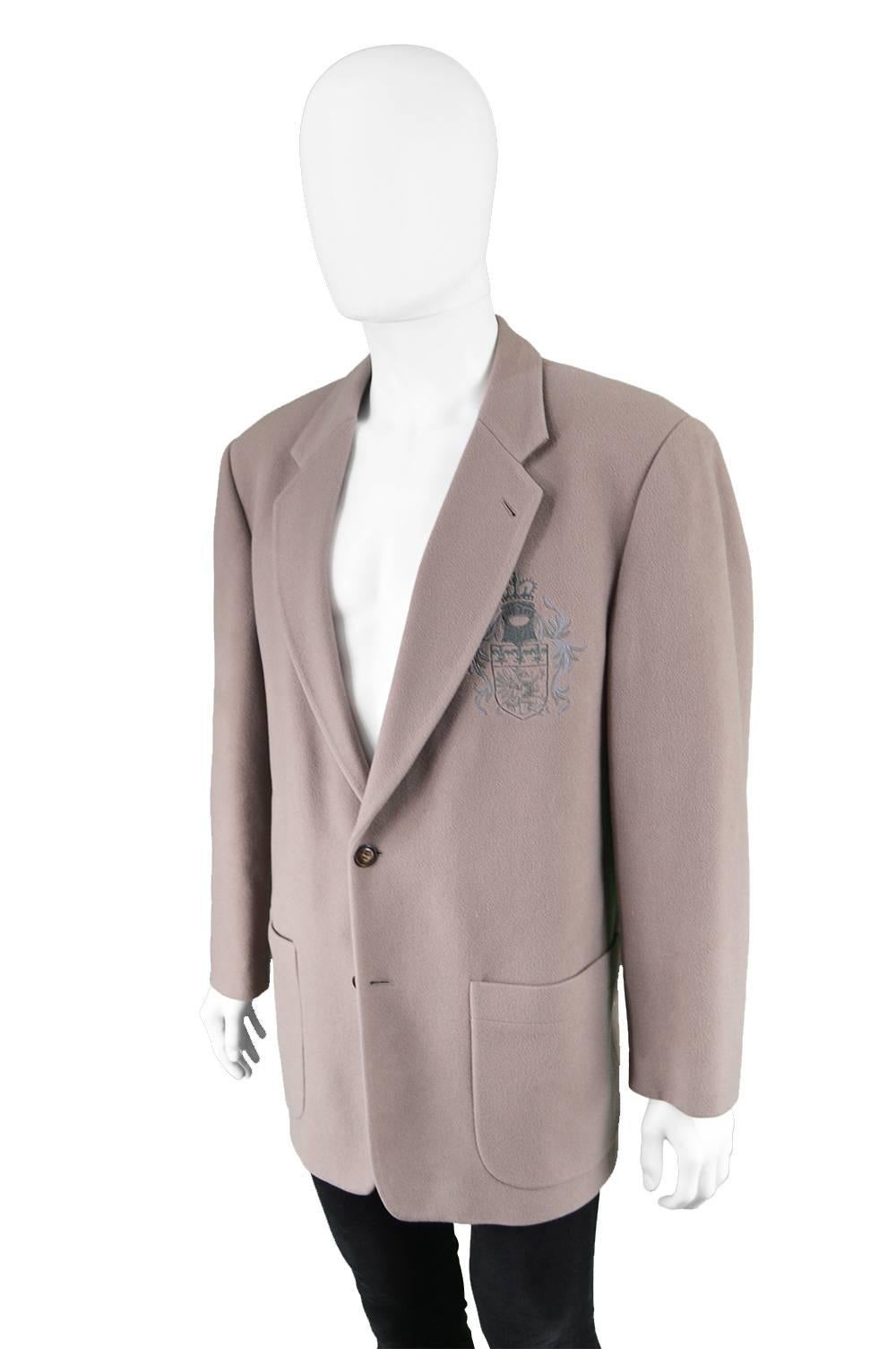 Gray Byblos Vintage 1980s Men's Taupe Cashmere & Wool Embroidered Blazer Jacket