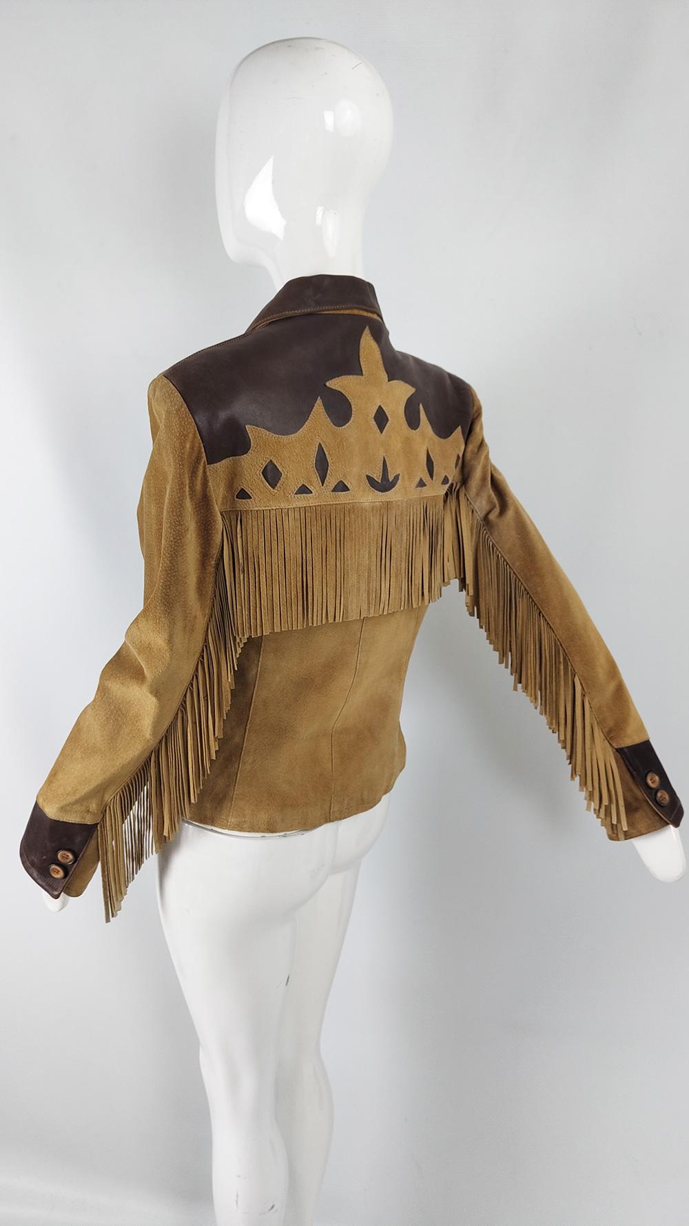 Byblos Vintage 80s Womens Fringed Brown Leather & Suede Jacket, 1980s For Sale 1