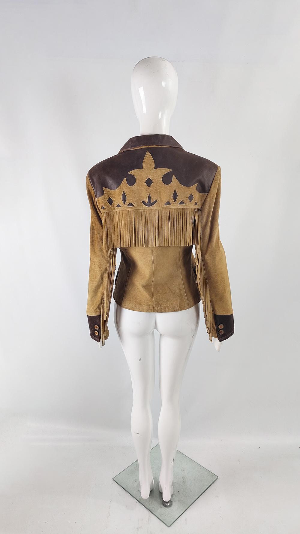 Byblos Vintage 80s Womens Fringed Brown Leather & Suede Jacket, 1980s For Sale 3