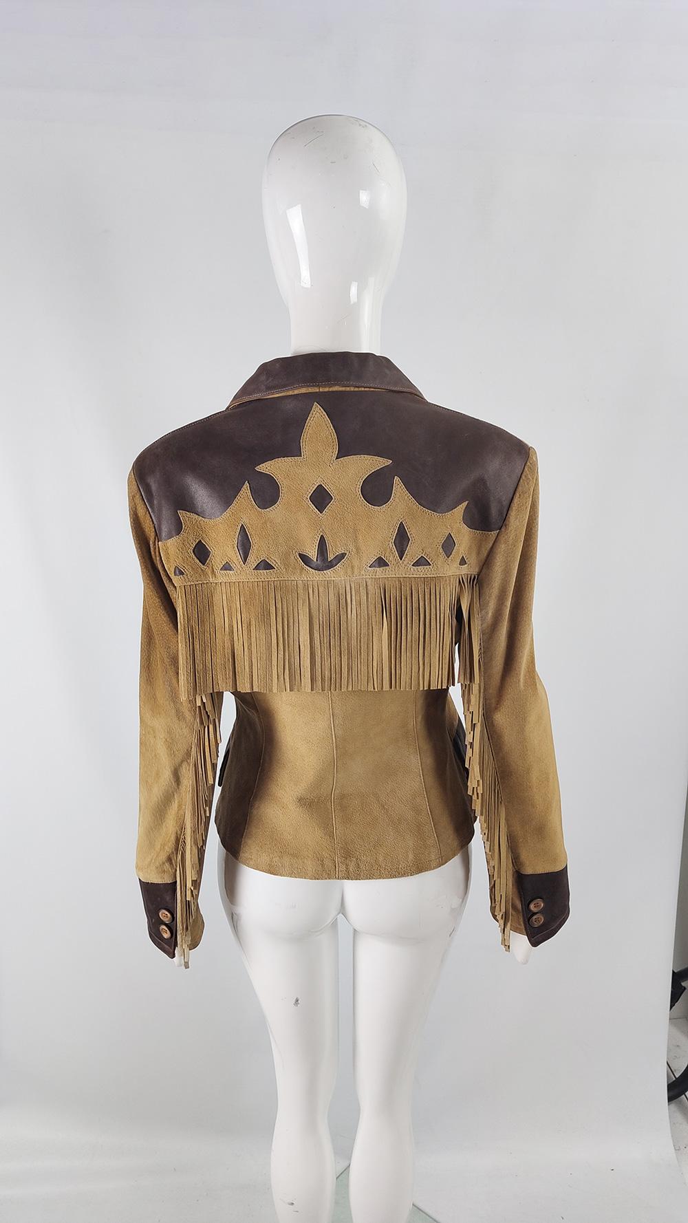 Byblos Vintage 80s Womens Fringed Brown Leather & Suede Jacket, 1980s For Sale 4