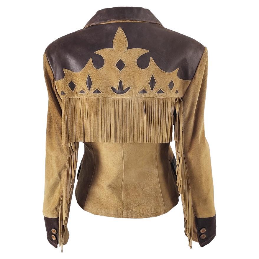 Byblos Vintage 80s Womens Fringed Brown Leather & Suede Jacket, 1980s For Sale