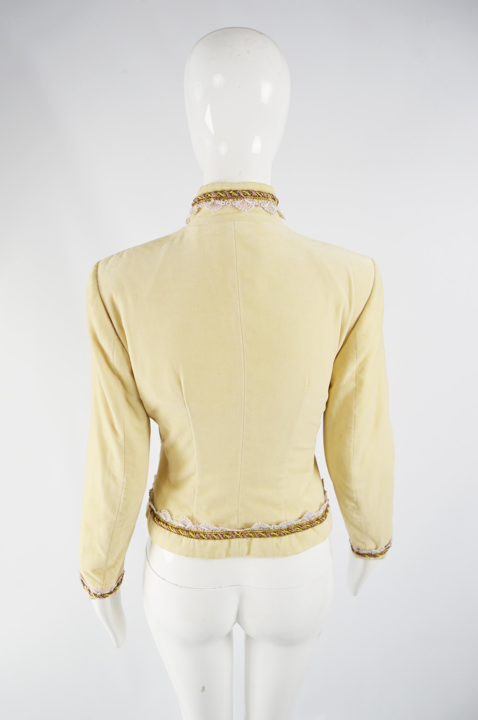 Beige Byblos Vintage Beaded Embroidered Velvet Jacket For Sale