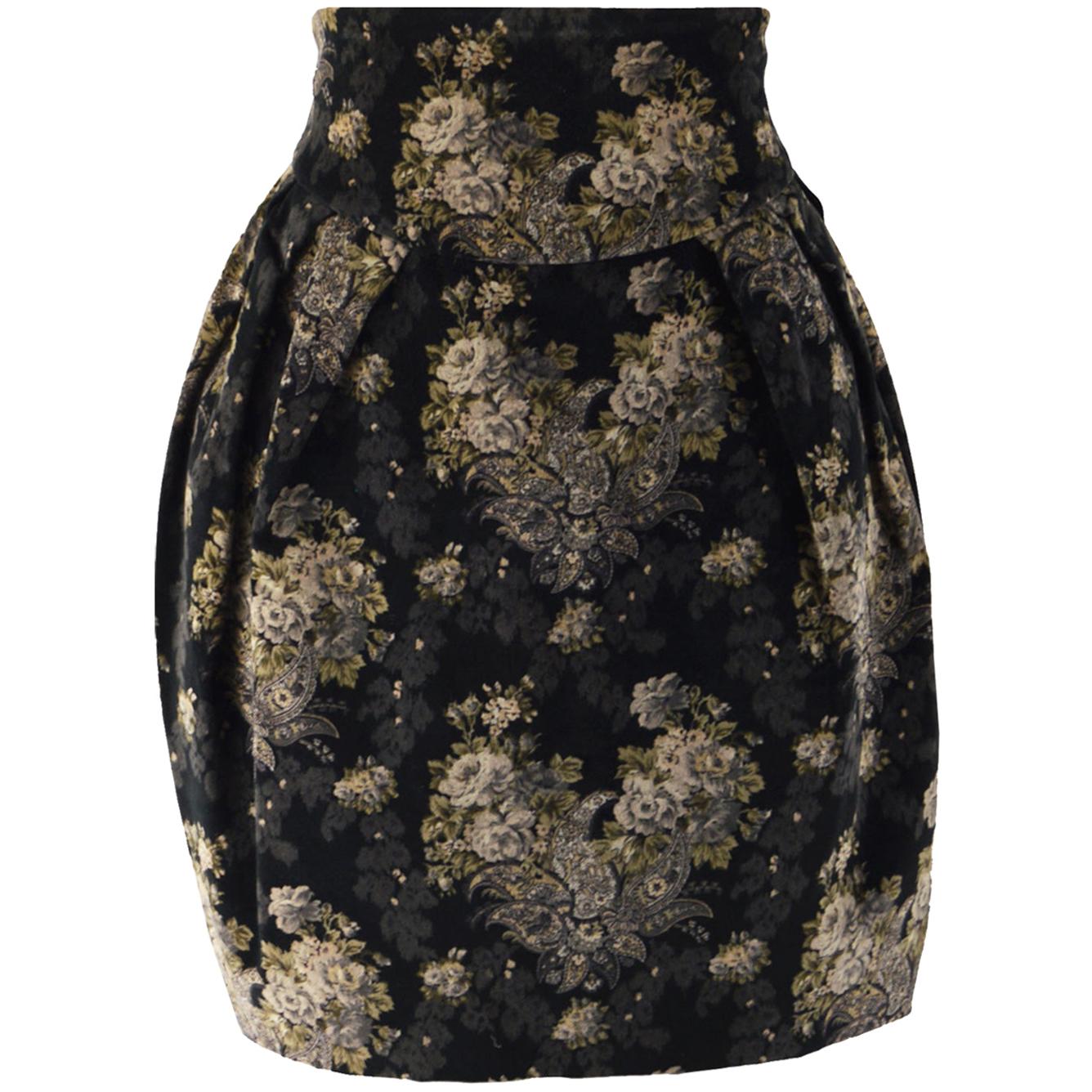 Byblos Vintage Black Velvet Floral High Waist Skirt For Sale