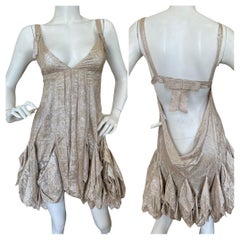 Byblos Vintage Gold Metallic Silk Cocktail Dress with Very Low Scoop Back
