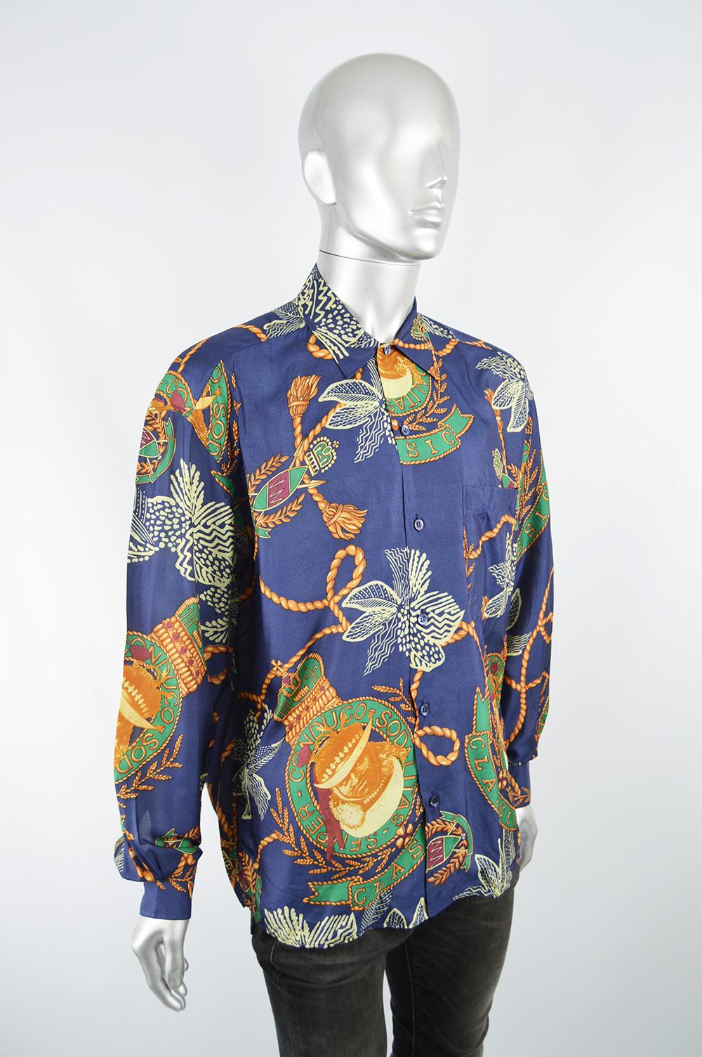 Byblos Vintage Men's Blue Pure Silk Long Sleeve Baroque Print Shirt, 1980s For Sale 2