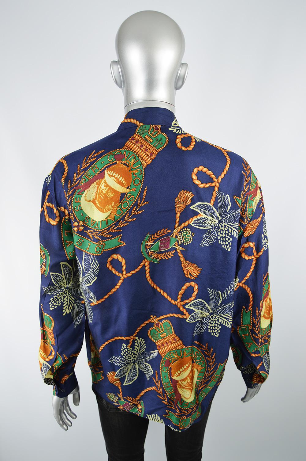 Byblos Vintage Men's Blue Pure Silk Long Sleeve Baroque Print Shirt, 1980s For Sale 4