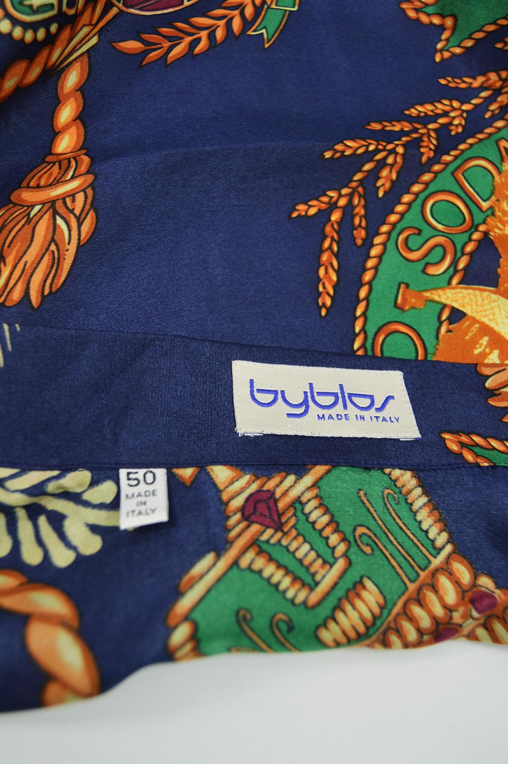 Byblos Vintage Men's Blue Pure Silk Long Sleeve Baroque Print Shirt, 1980s For Sale 5