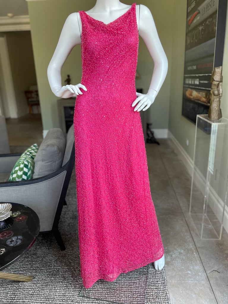 Byblos Vintage Silk Lined Beaded Pink Evening Dress with Cowl Back  In Excellent Condition For Sale In Cloverdale, CA